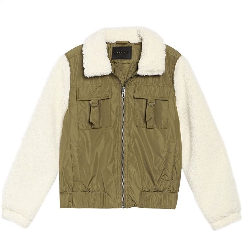 🔥Blanknyc Women’s  faux shearling sleeve utility olive bomber jacket size S, NWT
